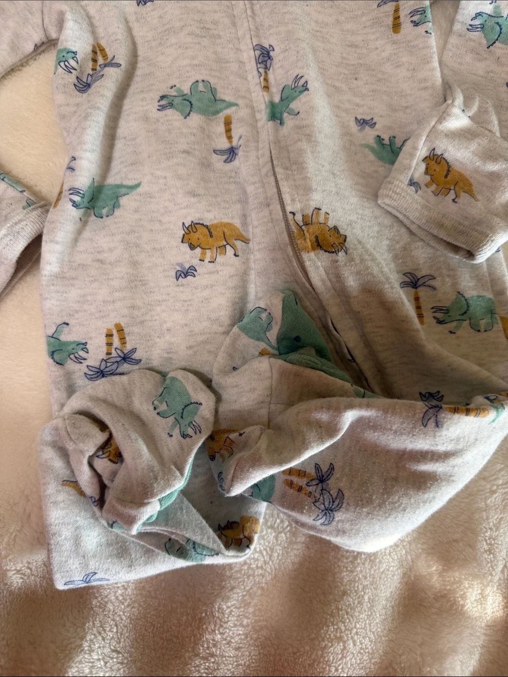 Carter's Light Gray Footed One-Piece with Teal & Mustard Dino Print